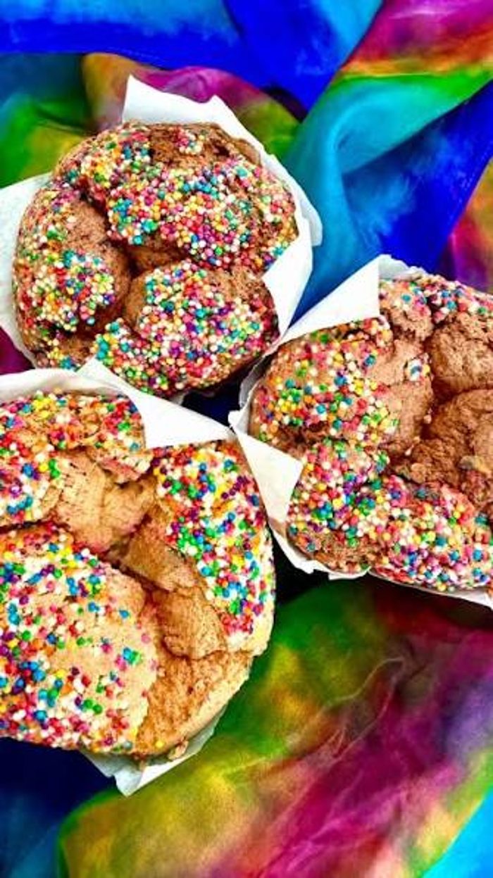 Holiday Sprinkles spongie cakes covered in rainbow sprinkles